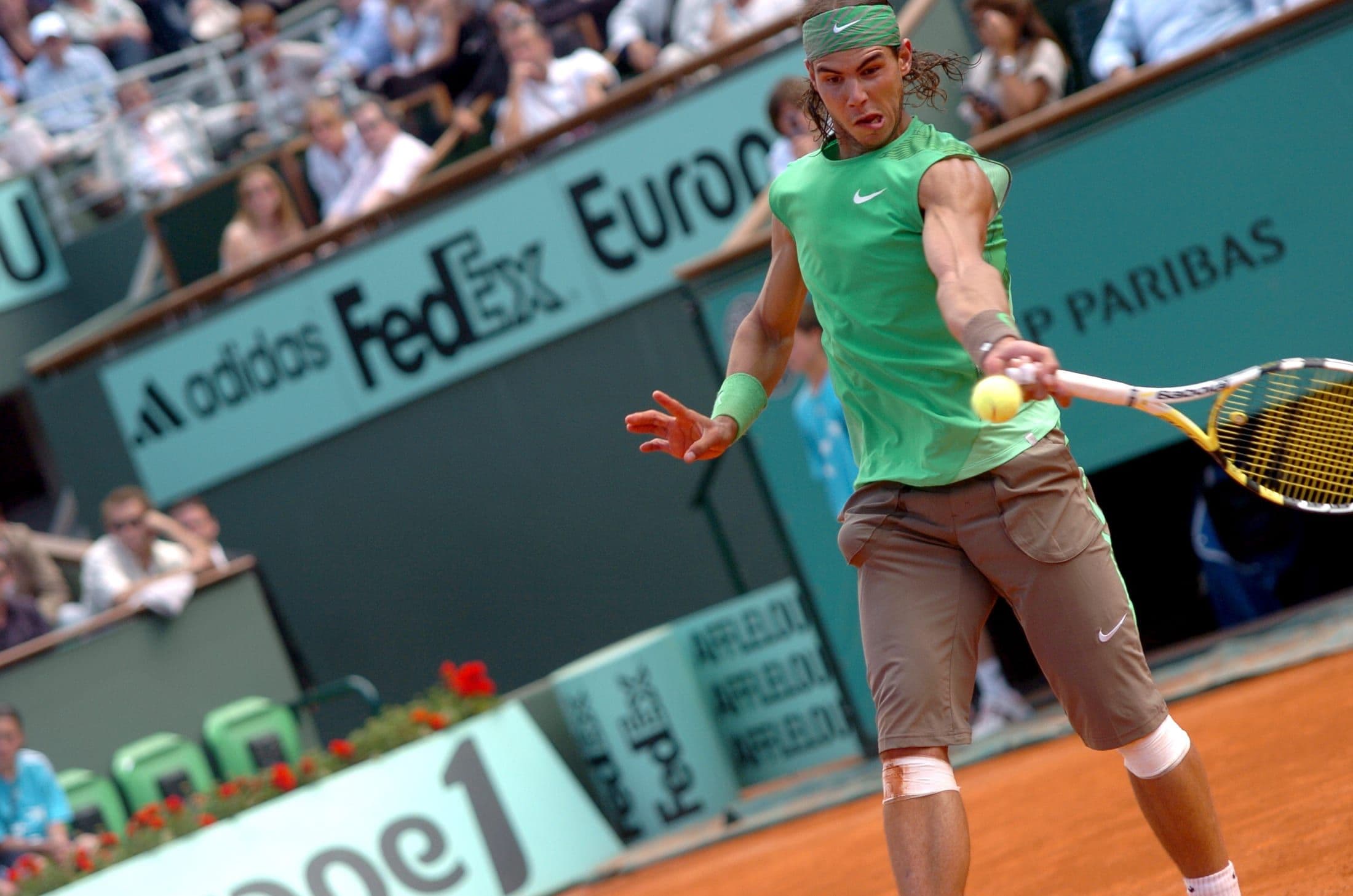 Rafael Nadal playing a forehand at the French Open, 2005