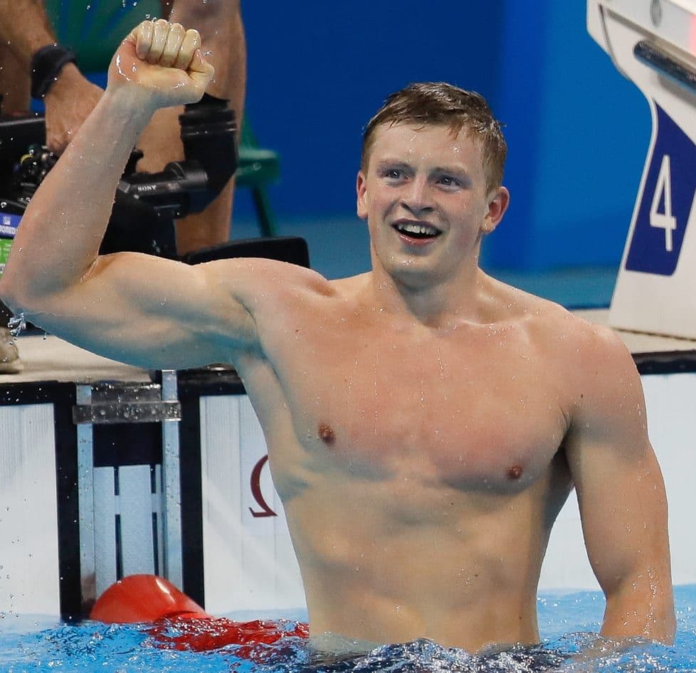Adam Peaty celebrating his 100m breaststroke gold medal at the 2016 Rio Olympics