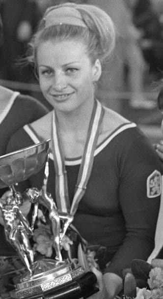 Věra Čáslavská in a Czechoslovak national team leotard